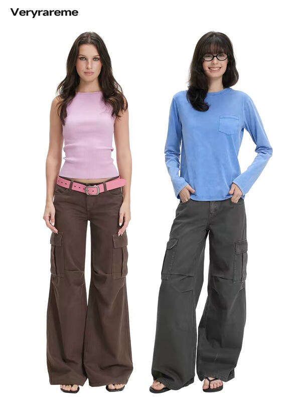 In-Stock Fast Delivery Veryrareme Low-Waist Large-Pocket Flared Wide-Leg Floor-Length Pants in Brown and Gray Workwear Style In-Stock Fast Delivery Veryrareme Low-Waist Large-Pocket Flared Wide-Leg Floor-Length Pants in Brown and Gray Workwear Style
