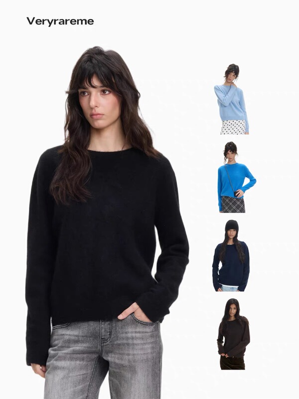 Veryrareme Mulberry Silk Cashmere Wool Brushed Round Neck Loose Pullover Knit Sweater Veryrareme Mulberry Silk Cashmere Wool Brushed Round Neck Loose Pullover Knit Sweater