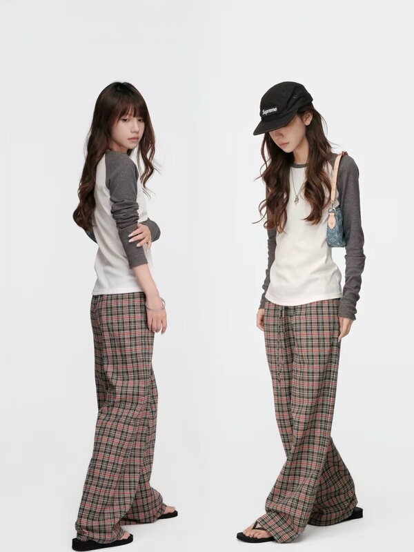 In-Stock Fast Delivery Twine Waffle Weave Dark Gray Color-Blocked Raglan Top + Plaid Wide-Leg Pants