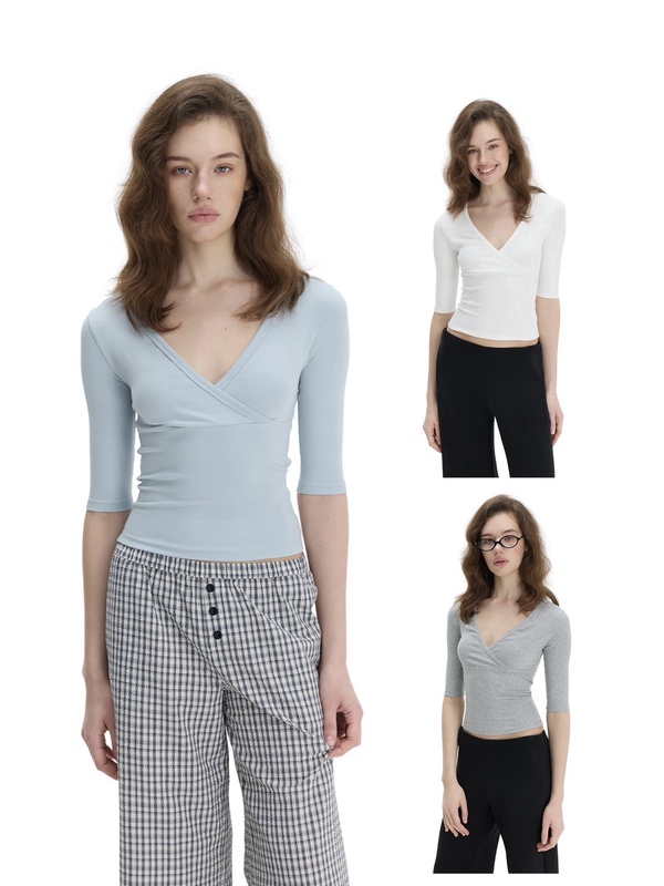 Veryrareme Retro Low-Cut Cross V-Neck Slim-Fit Solid Color Mid-Sleeve Top for Women, Basic Versatile Top for Summer