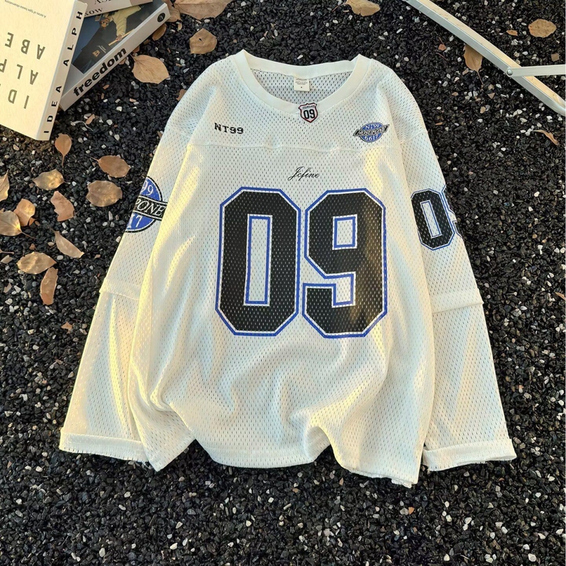 American Retro Street Letter Print V-Neck Mesh Long-Sleeved Jersey T-Shirt for Men and Women Loose Casual Sports Tops American Retro Street Letter Print V-Neck Mesh Long-Sleeved Jersey T-Shirt for Men and Women Loose Casual Sports Tops