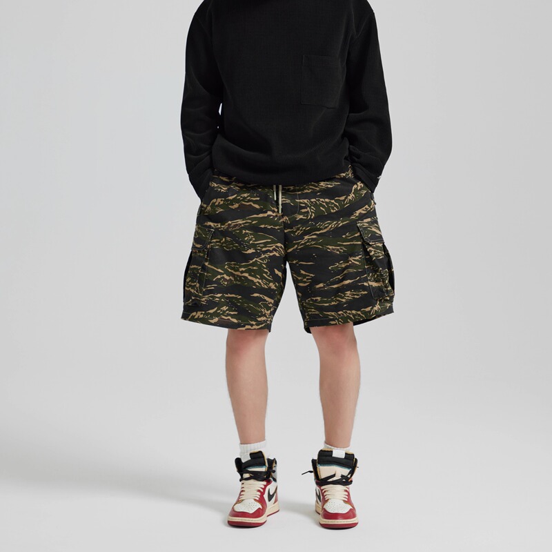 R/S Project L Trendy Tiger Print Camouflage Camo Shorts with Pockets, Summer American Style Unisex Work Shorts