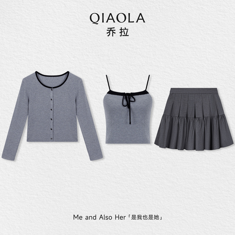 【Gray】Spring Round-Neck Gray Knit Short Cardigan with Ruched Camisole Mini Skirt