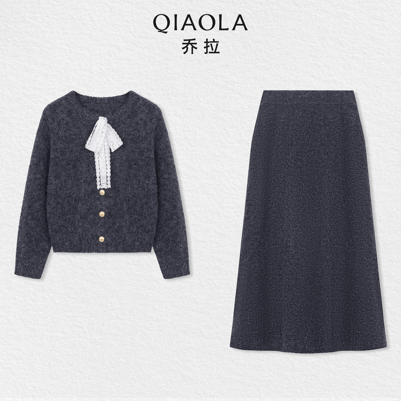 Qiao La [Mist City Town] Gray Academy Style Suit for Women, New Autumn/Winter High-End Sweater and Skirt Set
