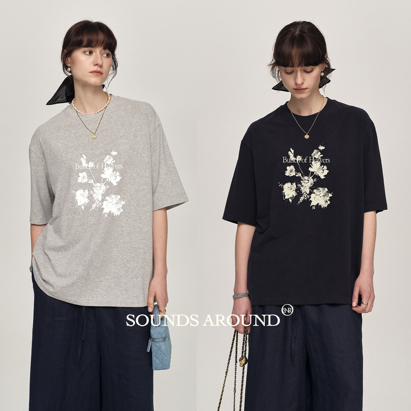 Soundsaround【Ink Shadow Flower Cluster T-Shirt】Soft Cotton-Feel Printed Short-Sleeve T-Shirt/Casual Pants Set