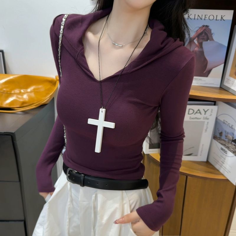 Purple Hooded Long-Sleeved T-Shirt for Women, New Autumn Style, Slim Fit, Stylish and Versatile Hoodie Top