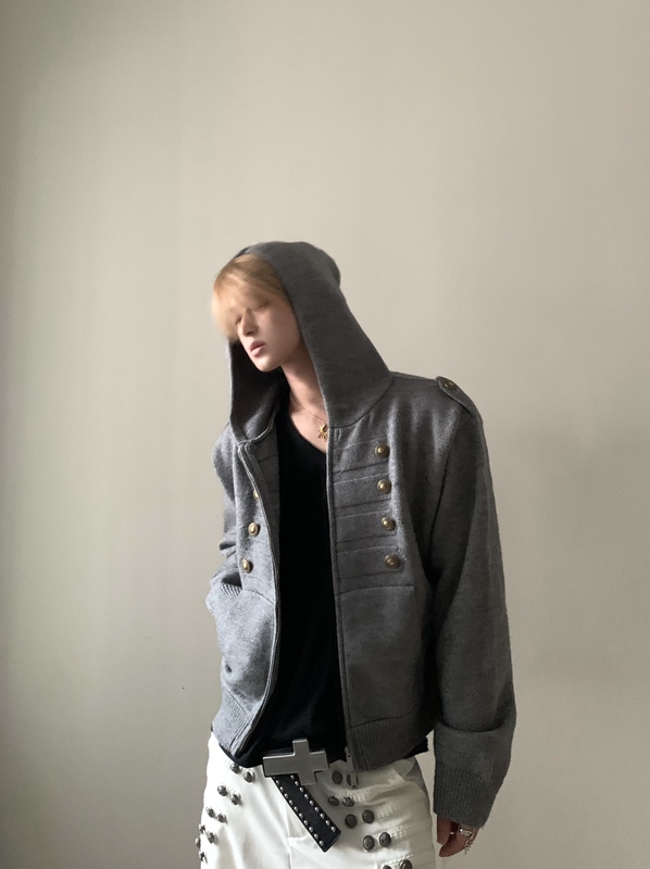 Jichuan Yep Napoleon High-End Vintage Palace-Style Zip-Up Knitted Hooded Sweater Coat, Loose Fit, Long Sleeves