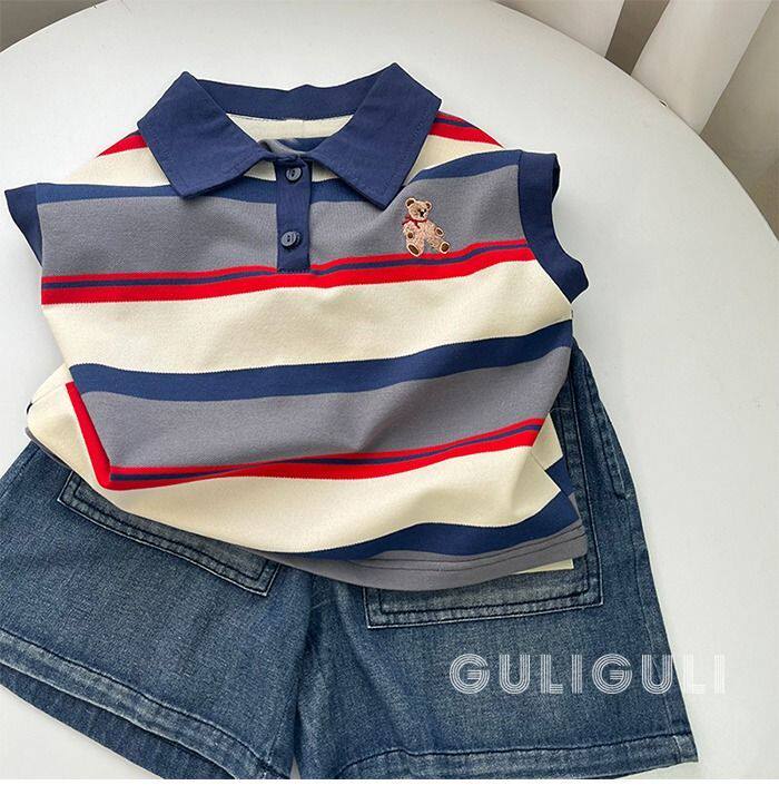 Рубашка поло Детская 采购产品儿童服装的男孩和女孩背心polo衫夏季新条纹无袖衣服的中小型儿童，婴儿休闲上衣