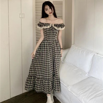 Retro reduction age French style gentle one-piece dress splicing flow Suedges closets waist display slim hide meat temperament Plaid Long Skirt summer