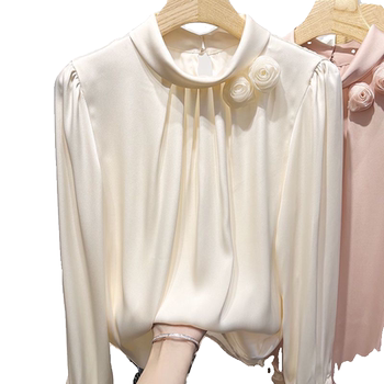 Solid color pullover long sleeve satin imitation silk for women