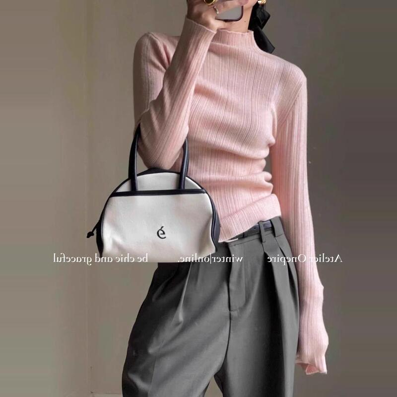 Pink Half-High Collar Knitted Base Shirt for Women, Spring Season, High-End Feel, Slim Fit, Soft and Cozy Sweater, Unique and Beautiful Top