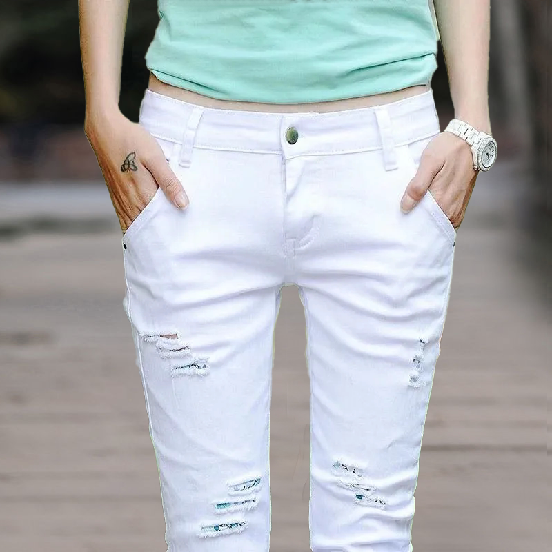Summer Thin White Denim Capri Pants for Women, 2026 New Korean Style Mid-Length Pants, Ripped 6/10 Length Pants, Over-The-Knee