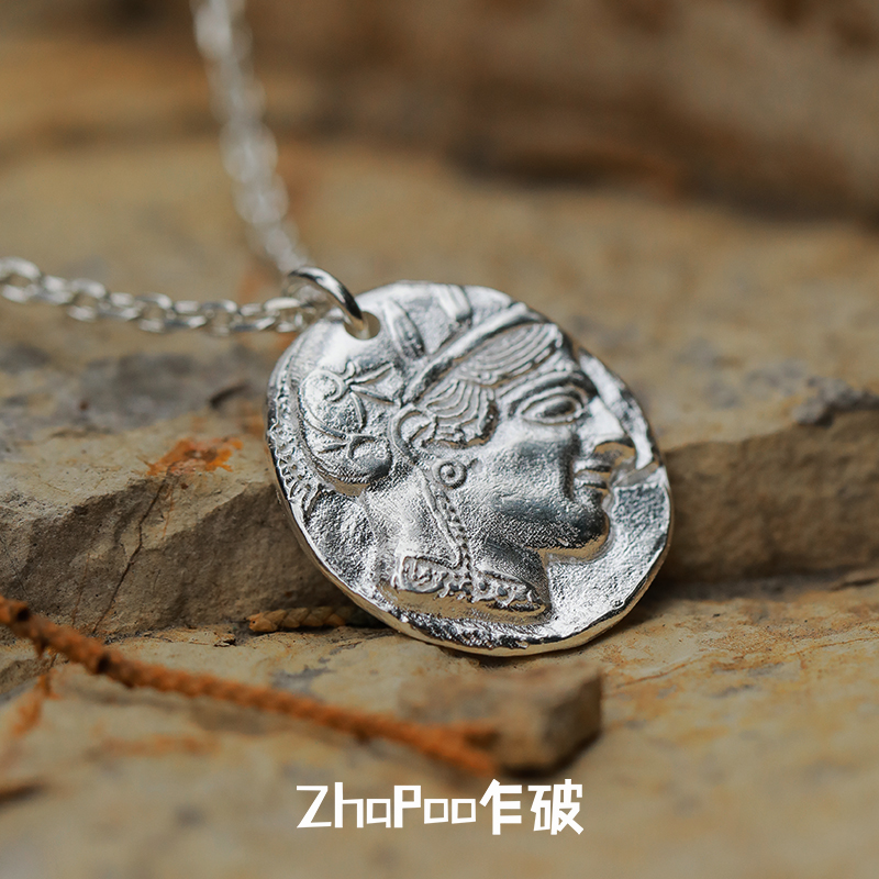 ZHAPOO 知恵の女神アテナ フクロウ シルバーコインペンダント レディース シルバーペンダントネックレス