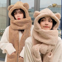Autumn and winter all-in-one hat scarf and gloves three-in-one plush thickened multi-functional ear protection warm hat plush breathable for women