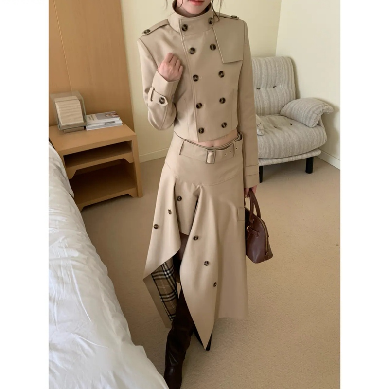 Autumn Elegant Slim-Fit High-End British Style Retro Double-Breasted Trench Coat + Irregular Skirt Set for Women Autumn Elegant Slim-Fit High-End British Style Retro Double-Breasted Trench Coat + Irregular Skirt Set for Women