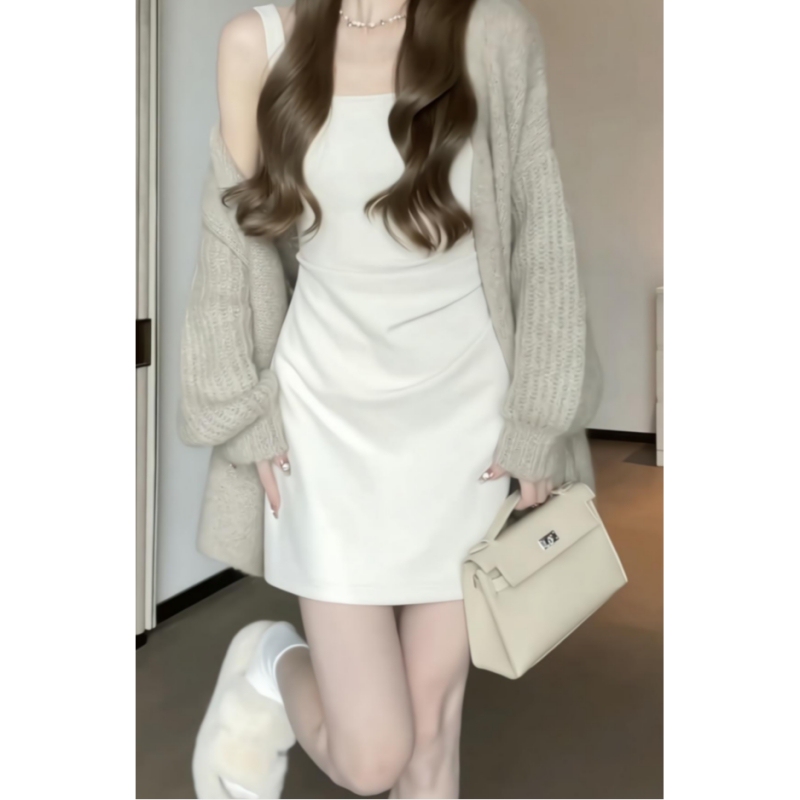 Spring and Autumn New Style Waist-Cinching Slimming Design Pleated Tank Top Dress + Cardigan Set for Petite Women