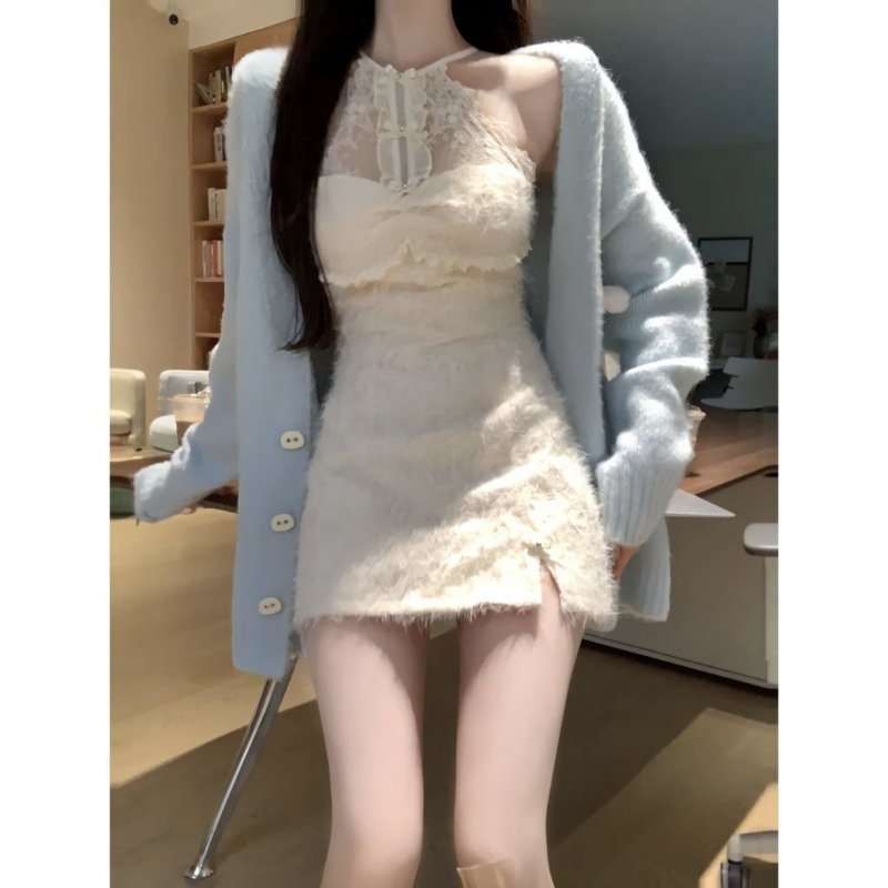 Pure Desire Girl Short Skirt Autumn Waist-Slimming Halter Neck Sleeveless Dress + Lazy Style Sweater Coat Set for Women