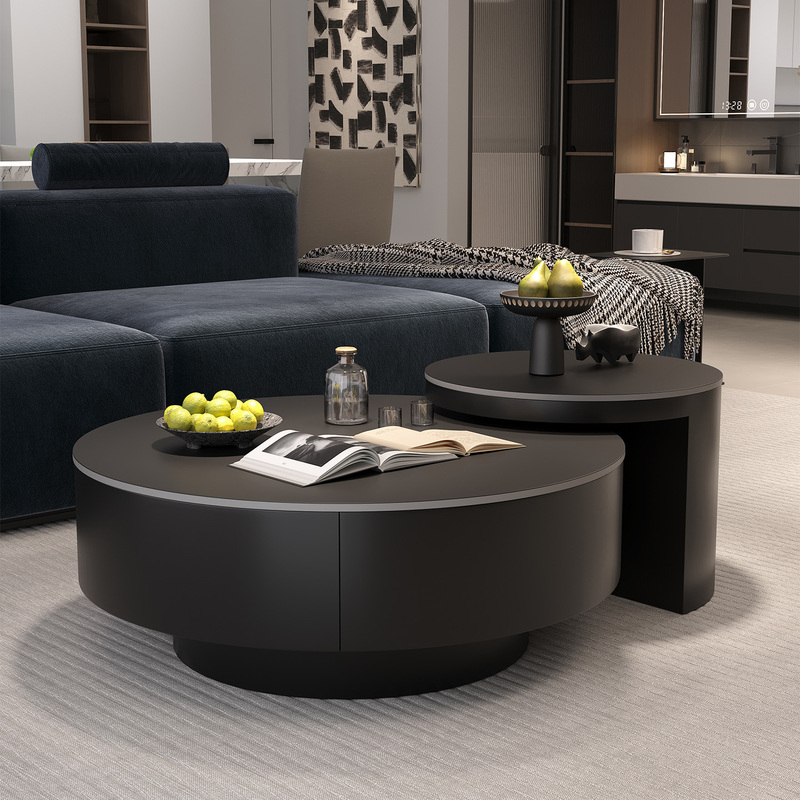 New Modern Minimalist Round Black Coffee Table Set with Double-Door Storage for Living Room, Light Luxury and Minimalist Black Coffee Table New Modern Minimalist Round Black Coffee Table Set with Double-Door Storage for Living Room, Light Luxury and Minimalist Black Coffee Table