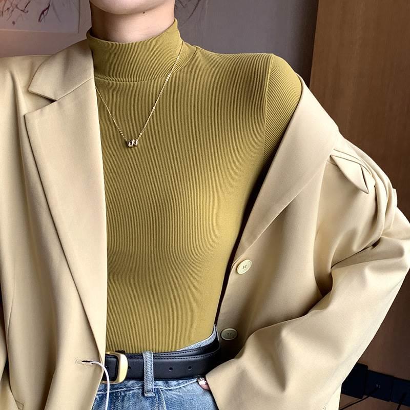 Knitted semi-high collar bottom shirt woman new autumn winter inside lap black white autumn clothes foreign air middle collar cover head long sleeve blouses-Taobao