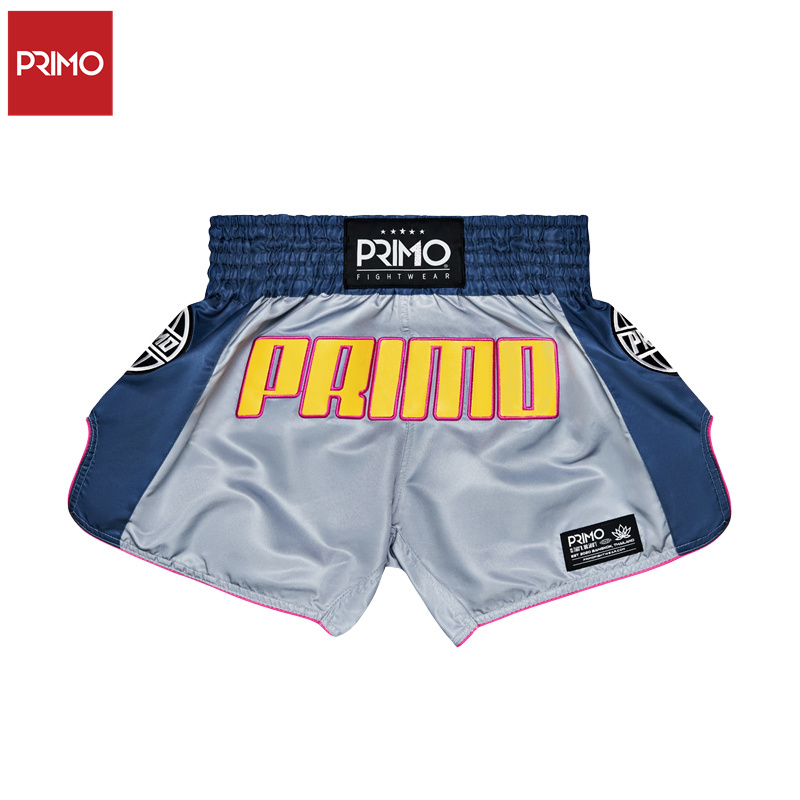 Primo Retro Color-Blocking Series Muay Thai Shorts Mma Fighting Adult Sports Shorts Training Clothes Gray Blue Yellow
