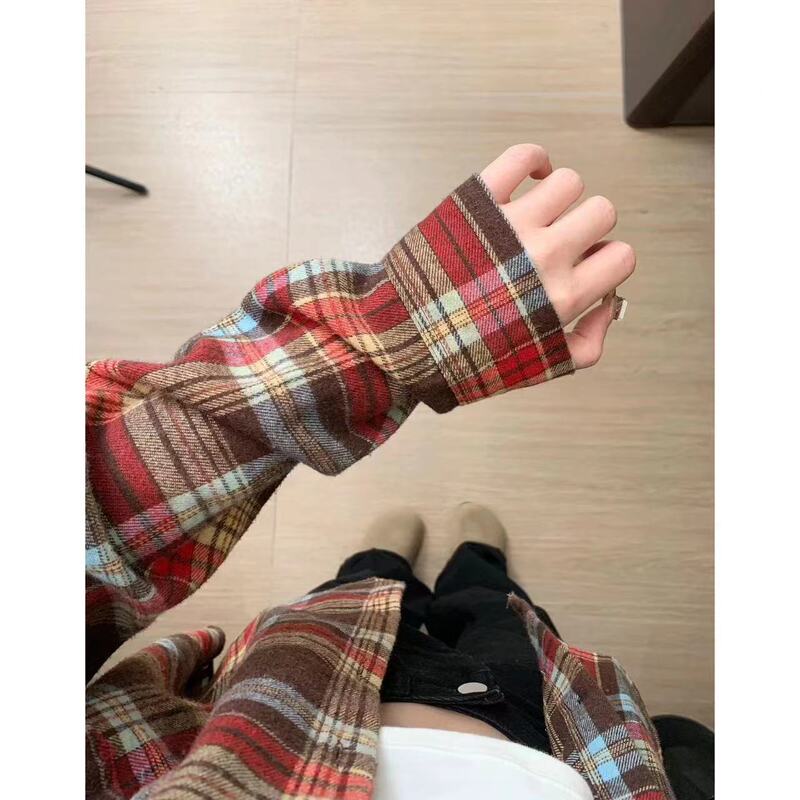 French-Style Pure Cotton Red Plaid Shirt for Women, Loose Casual Niche Design, Versatile Lazy Style, Petite Shirt for Outerwear