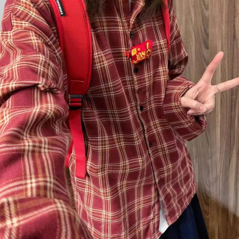2026 New American-Style High-End Burgundy Plaid Shirt for Women, Suitable for Spring and Autumn, Loose and Casual Style Shirt Top