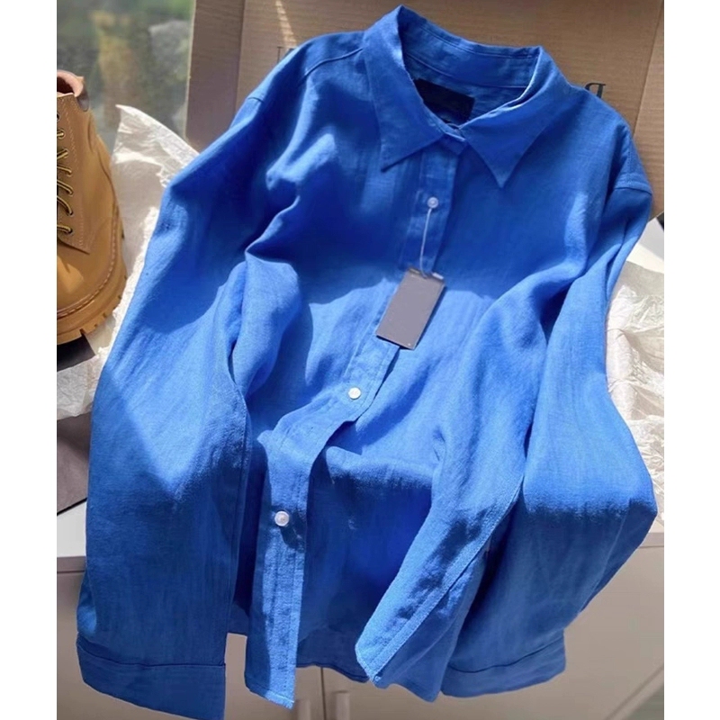 High-End Cotton and Linen Shirt for Women, Spring and Autumn Sun Protection Cardigan, French Retro Klein Blue Long-Sleeved Shirt, Linen Top High-End Cotton and Linen Shirt for Women, Spring and Autumn Sun Protection Cardigan, French Retro Klein Blue Long-Sleeved Shirt, Linen Top