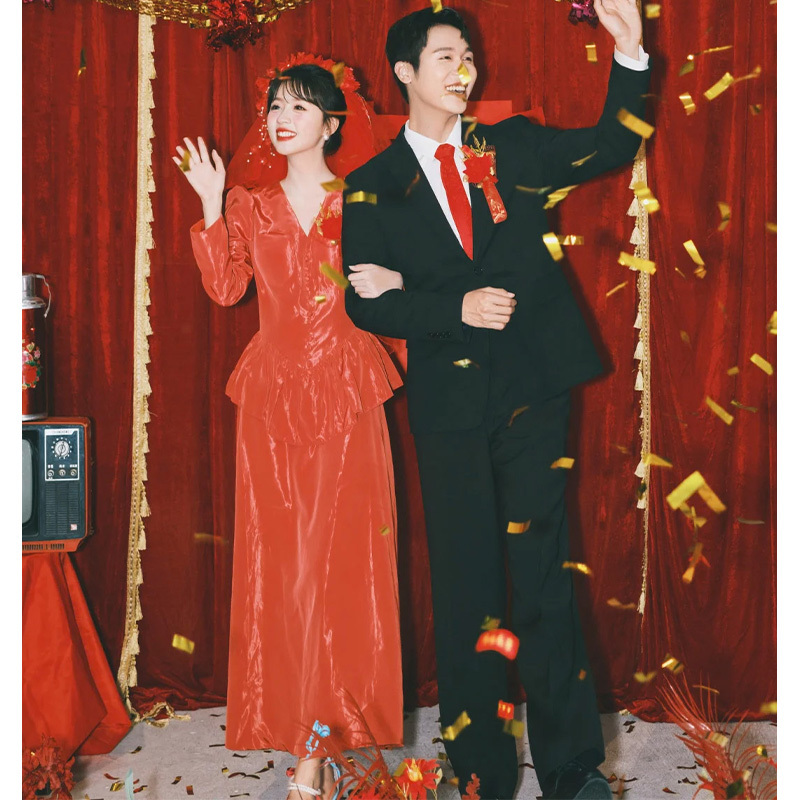 Red Retro Two-Piece Dress Set from the 1980S, Suitable for Everyday Wear, Engagement, Homecoming, Long-Sleeved Dress, Bride's Toast Dress