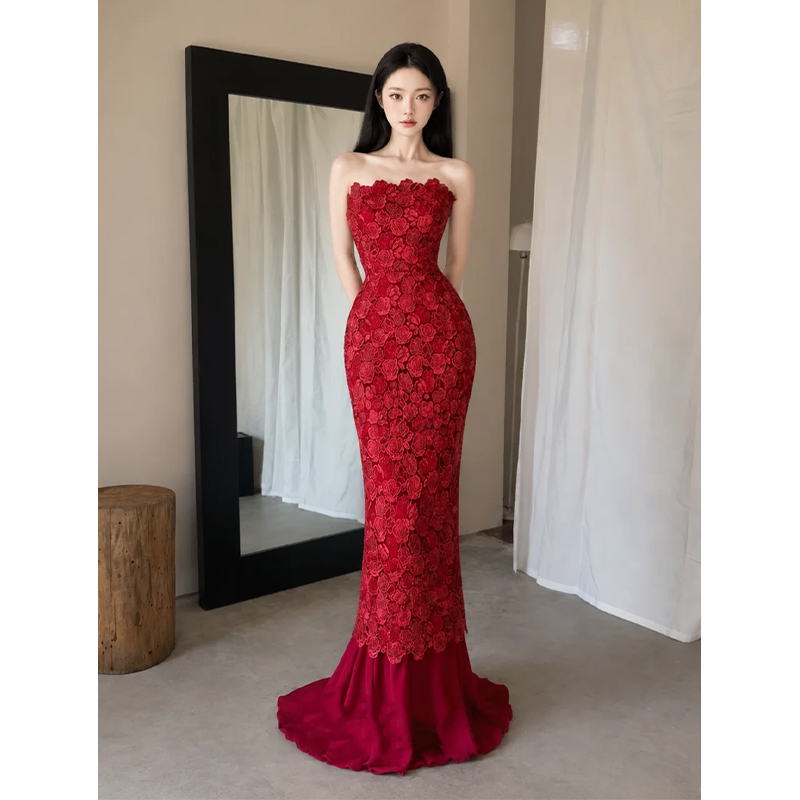 New Chinese-Style Retro Strapless Toast Dress 2026 New High-End Bridal Lace Mermaid Gown Engagement Wedding Dress