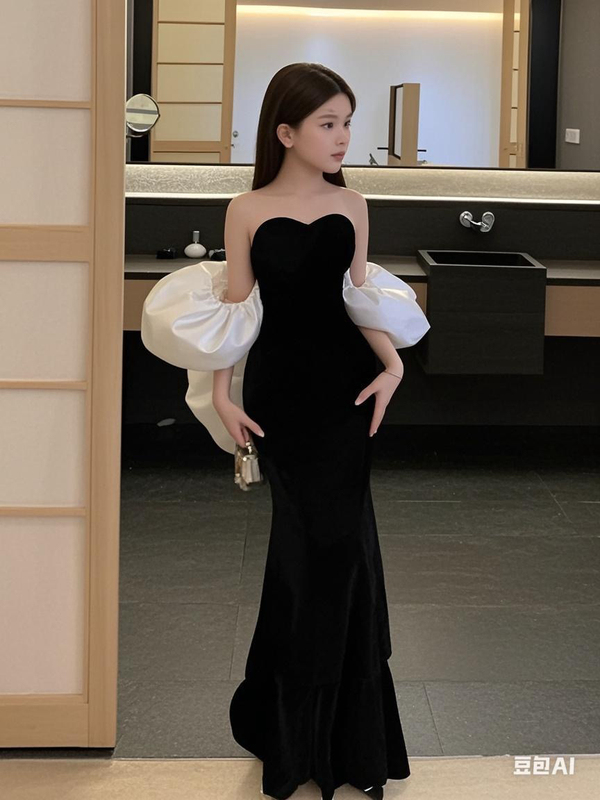 2025 New Style Girls' Dress, Elegant Black Runway Fashion Dress, Performance Long Dress for Girls, Stylish Princess Dress for Children