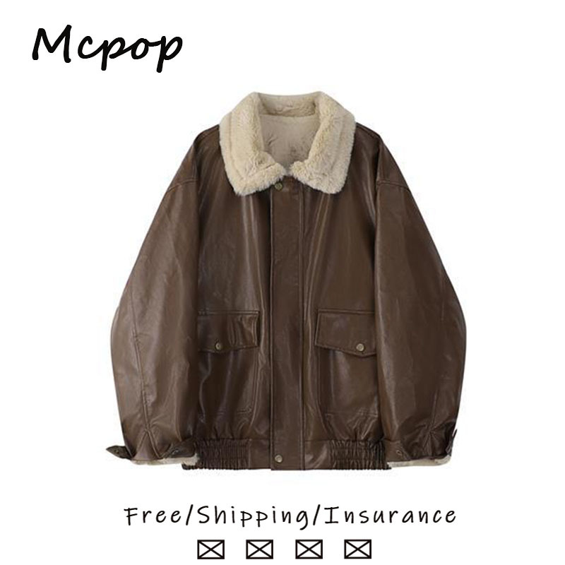 Sheepskin Fur Collar Leather Jacket for Women, Winter Fleece-Lined Thickened Jacket with Zipper, Vintage Fur Integrated Motorcycle Jacket, Trendy Sheepskin Fur Collar Leather Jacket for Women, Winter Fleece-Lined Thickened Jacket with Zipper, Vintage Fur Integrated Motorcycle Jacket, Trendy