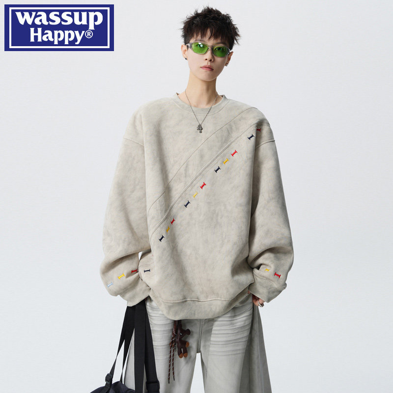 wassup happy美式解构彩色刺绣卫衣男春秋季潮牌斜切宽松圆领上衣