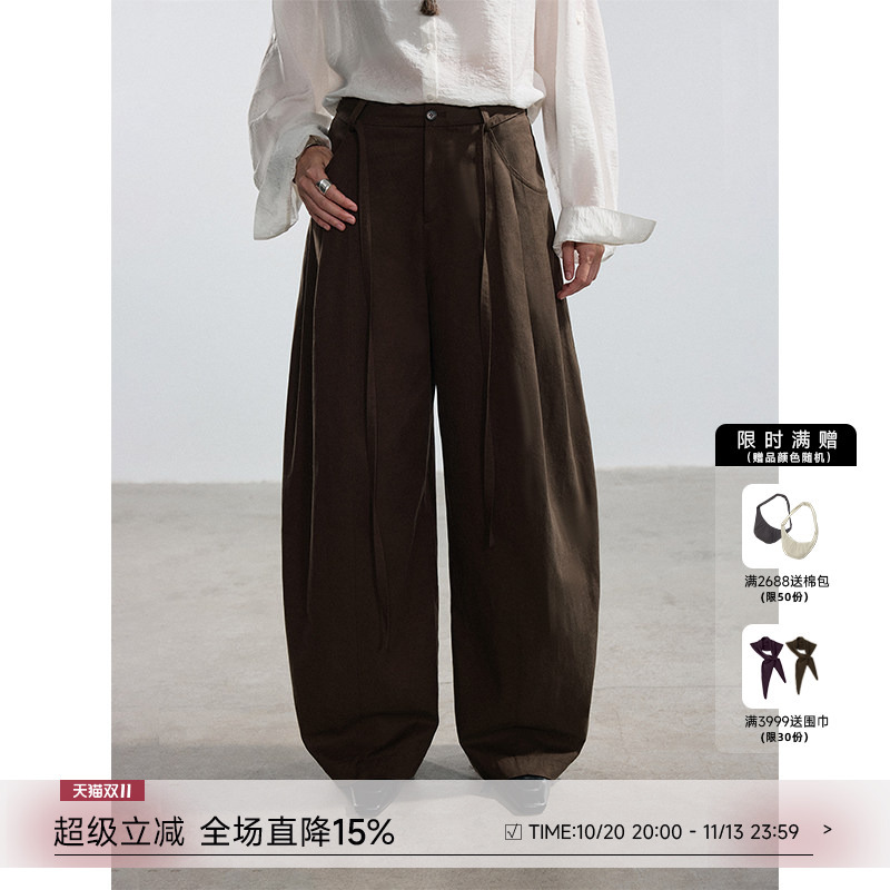 Saje Natural Poet Lyocell Cotton Blend Three-Dimensional Double Pleated Tie-Up Scimitar Casual Trousers