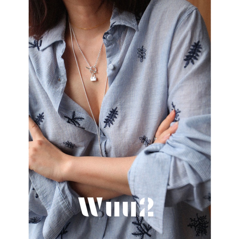 Wuu2 under the Palm Trees Embroidered Linen Blue Striped Shirt for Women, Stylish, Youthful, Casual, Loose Top for Layering