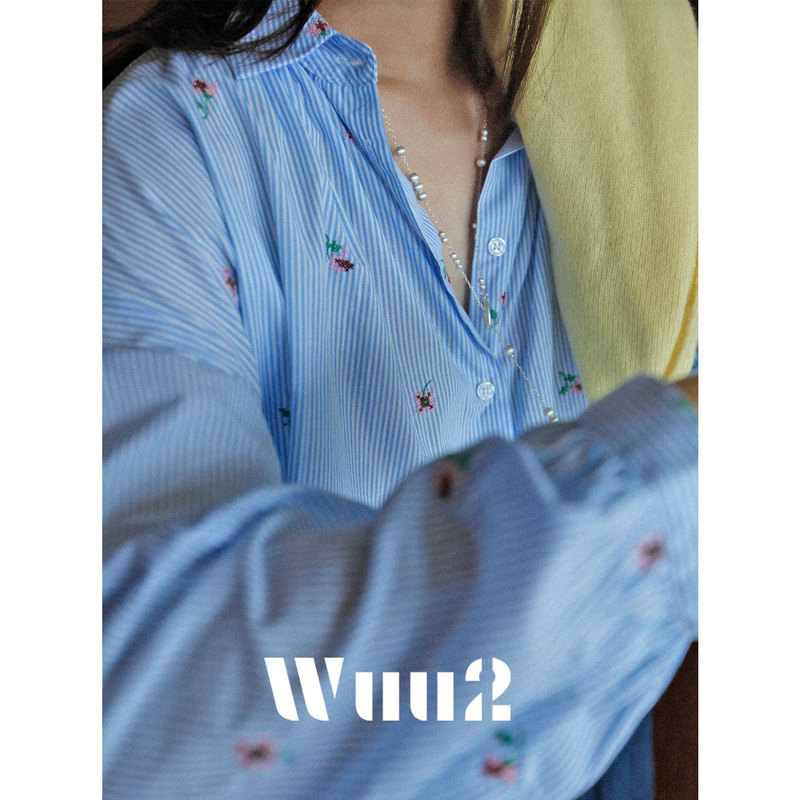 Wuu2 Lightly Sweet Bella French Style Three-Dimensional Embroidery Floral Blue Striped Shirt for Women, Unique and Youthful Top for Autumn Wuu2 Lightly Sweet Bella French Style Three-Dimensional Embroidery Floral Blue Striped Shirt for Women, Unique and Youthful Top for Autumn