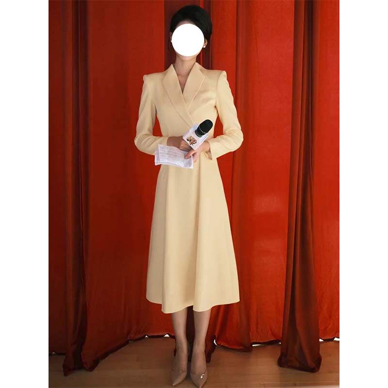Yellow Long-Sleeved Hostess Dress for Women, 2026 Autumn and Winter New Style, High-End Suit Dress for Art Exams, Broadcasting, Graduation Speeches Yellow Long-Sleeved Hostess Dress for Women, 2026 Autumn and Winter New Style, High-End Suit Dress for Art Exams, Broadcasting, Graduation Speeches