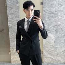 Autumn and winter Korean suit suit suit mens slim fashion stripes leisure business work suit double-breasted two-piece set
