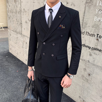 Double-breasted suit suit Mens two-piece suit Korean slim casual small suit British male groom wedding dress
