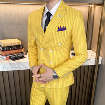 Studio double-breasted suit male Korean version of slim trend stripe English style groom wedding groom best man suit suit suit suit