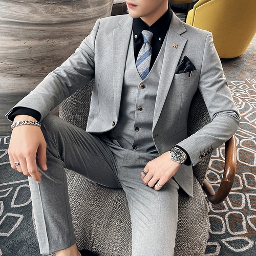 Мужской комплект, костюм, пиджак классического кроя, свадебное платье, 3 предмета, в корейском стиле