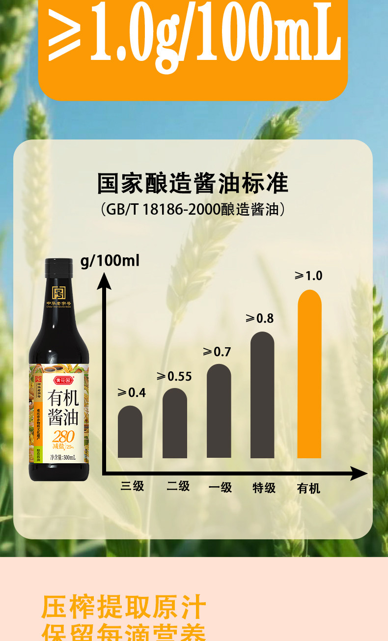 安享好物 安享A级生抽-黄花园280天 减盐 有机酱油 国标 