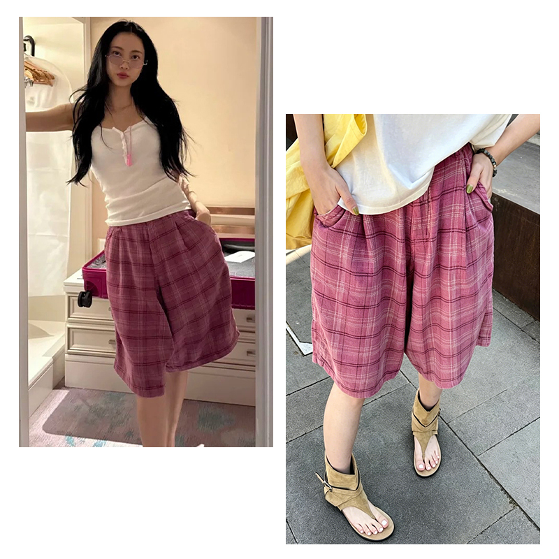 Absolutely Stunning @13 Flannel Plaid Spring/Summer Thin Plaid Loose Straight-Leg Distressed Mid-Length Shorts
