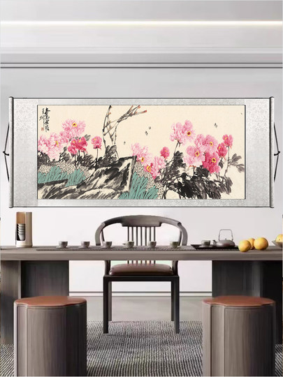 Баннер с изображением распускающихся пионов, символизирующий процветание и удачу, рулонная картина, китайская живопись для спальни, декоративная картина для прихожей, фон для дивана в гостиной.