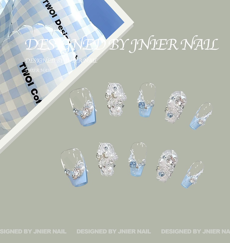Jnier Nail｜"Nice Holiday" Blue and White Contrasting Swarovski Lace French-Style Fully Handmade Wearable Nails