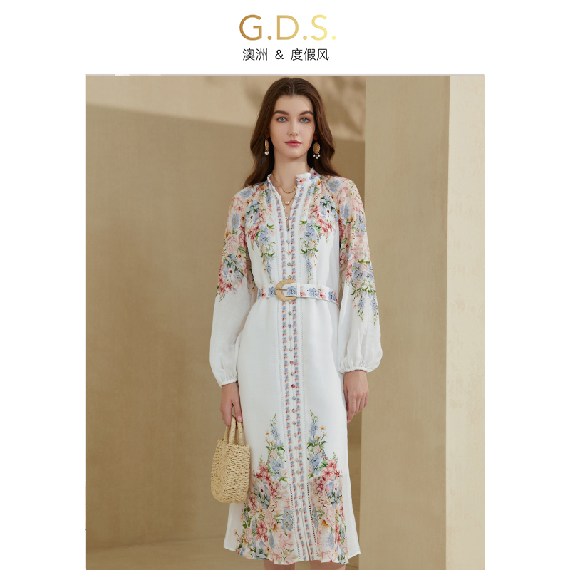 Gds Brand Seaside Vacation Long-Sleeved Dress, Ramie Elegant Early Autumn New White Long Dress, Age-Reducing Luxury Item Gds Brand Seaside Vacation Long-Sleeved Dress, Ramie Elegant Early Autumn New White Long Dress, Age-Reducing Luxury Item
