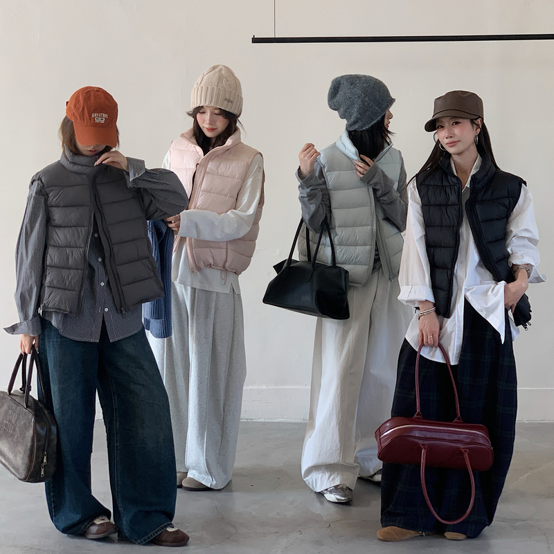 Lightweight Ribbed down Cotton Vest for Women, Short Style, 2026 Autumn and Winter New Korean Version, Loose Fit, Stand Collar, Super Stylish Vest