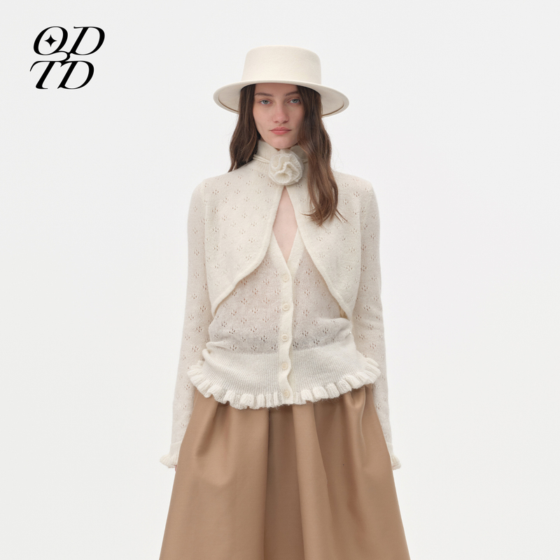 [Designer Women's Clothing] Odtd26 Early Autumn New Floral Sweater High Neck Cardigan Hollow Out Long Sleeve Casual Knitwear