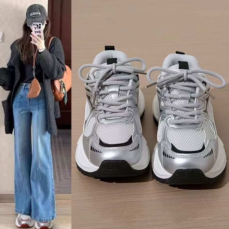 Women's Dad Shoes 2025 Autumn New Style Height-Increasing Versatile Breathable Silver Sneakers Student Casual Running Shoes Women's Dad Shoes 2025 Autumn New Style Height-Increasing Versatile Breathable Silver Sneakers Student Casual Running Shoes