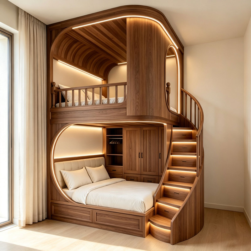 Song-Style Aesthetics, New Chinese-Style Solid Wood Bunk Bed, Double Bed with a Lower Bed, Made of Ash Wood and Walnut Wood, Multifunctional Bed for Small Apartments