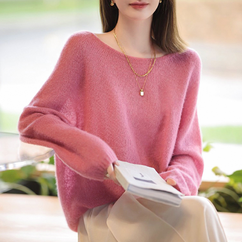 Korean Style Fashionable Soft and Comfortable Round Neck Pullover Wool Sweater for Women, Lazy Style Loose Casual Base Knitwear in Pink
